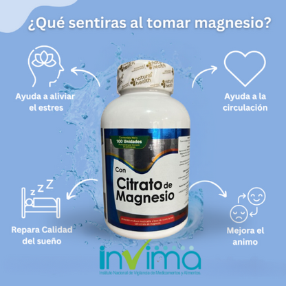 Citrato de magnesio natural Premium Health importado - 100 cápsulas mega potentes de los EUA