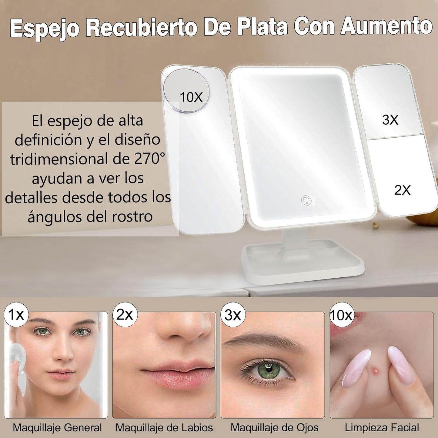 ESPEJO LED TRIPLE PARA MAQUILLAJE PROFESIONAL l+ REGALO ENVÍO GRATIS